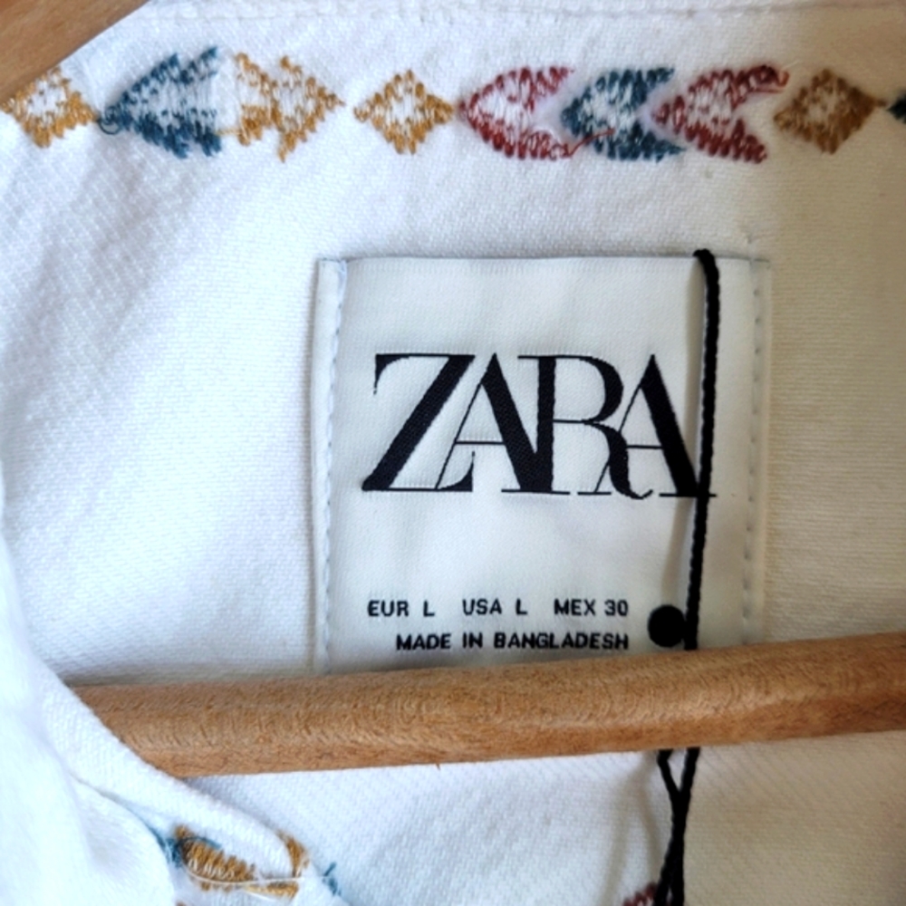NWT Zara Southwestern Embroidered Denim Overshirt Jacket White Size Large Boho - Picture 12 of 16